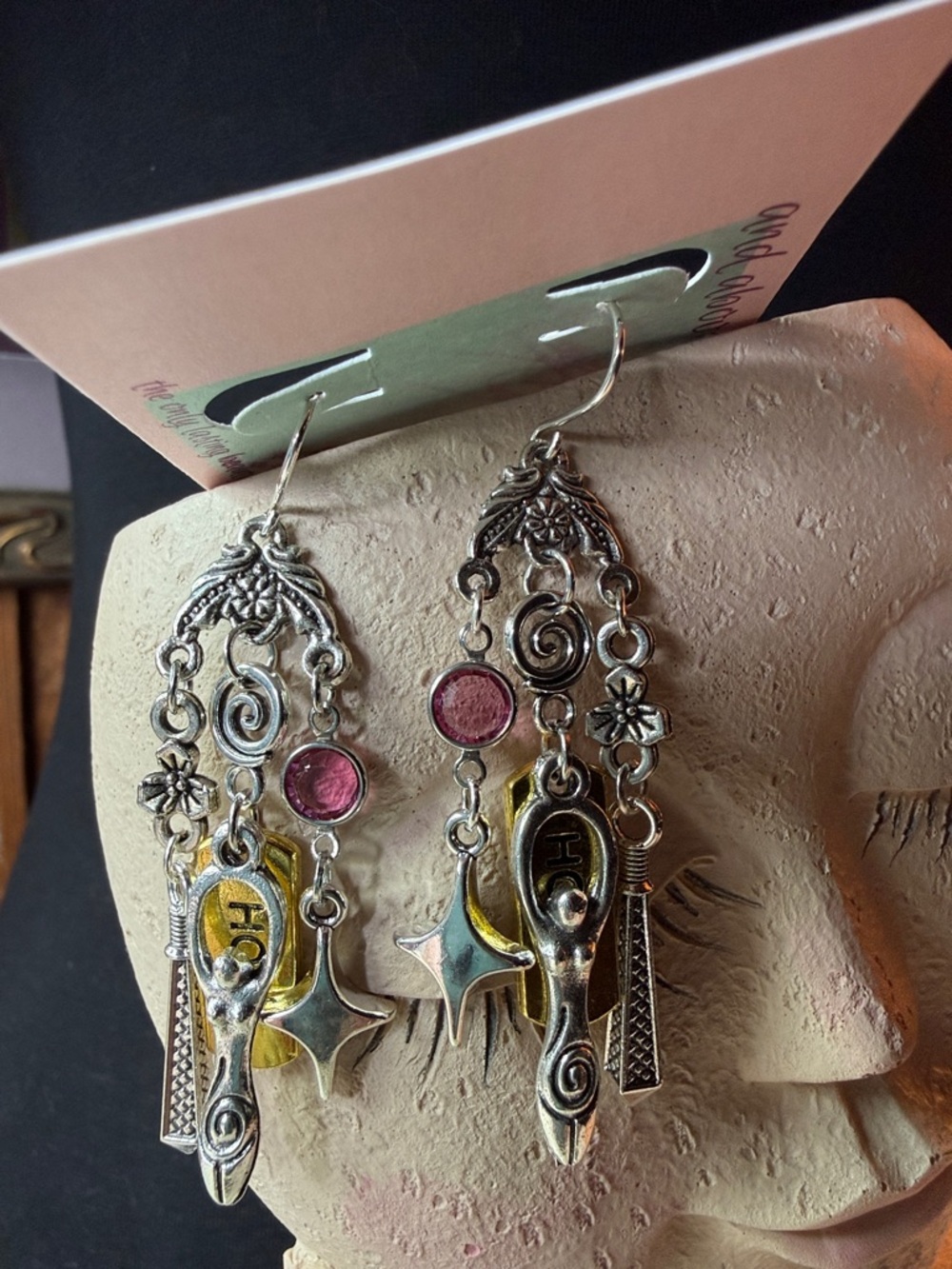 Handmade Silver-Tone Goddess Dangle Earrings with Pink Accents